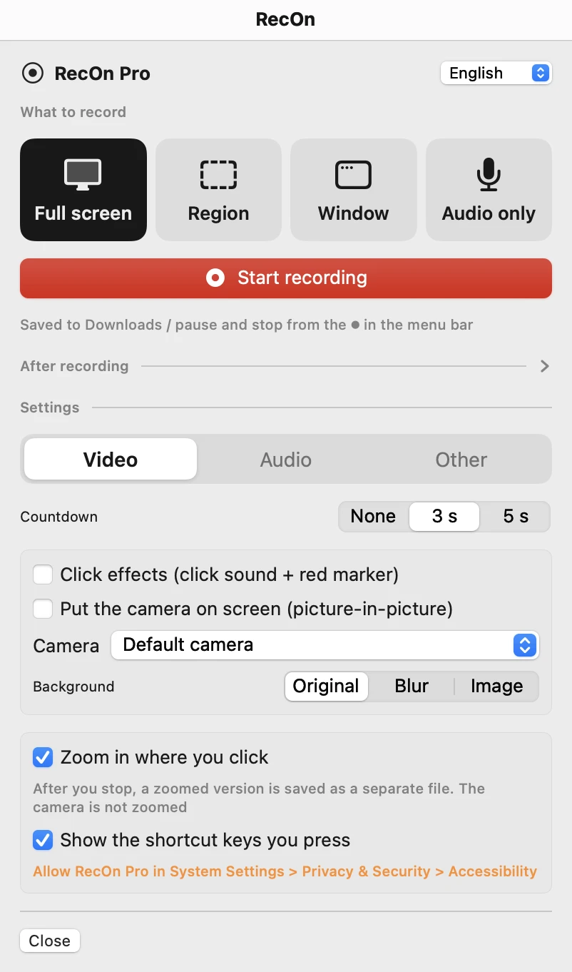 RecOn Pro's Video tab: camera background (original, blur, image), zoom in where you click, show the shortcut keys you press.