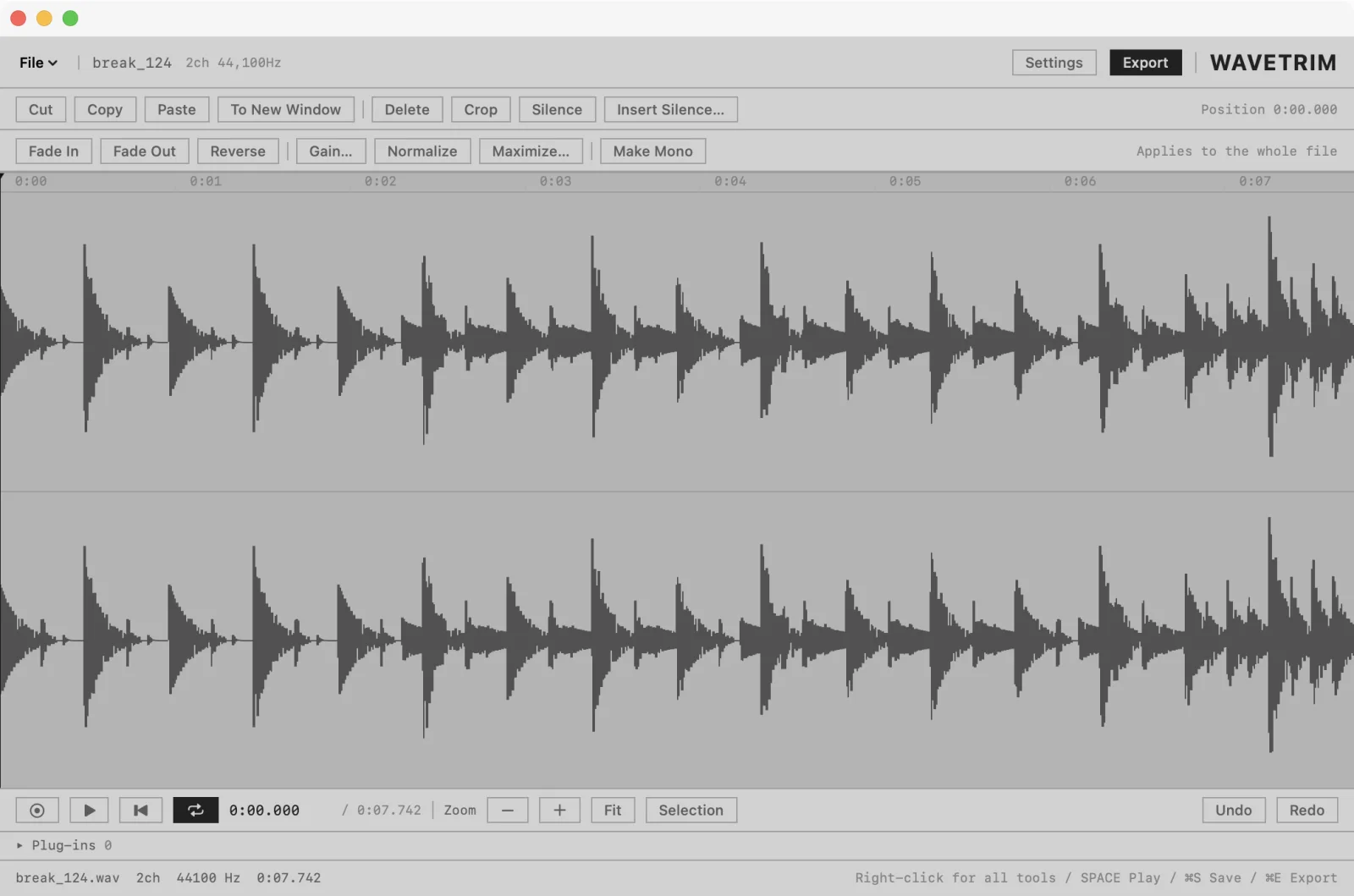 The WAVETRIM window: two rows of editing buttons at the top, a stereo waveform in the middle, transport and record buttons at the bottom.
